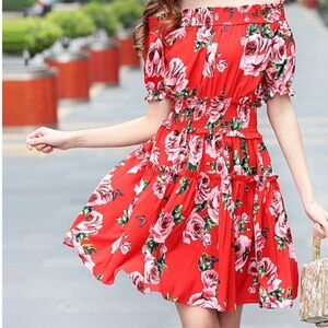 Vibrant Red Dress with Pink Floral Design